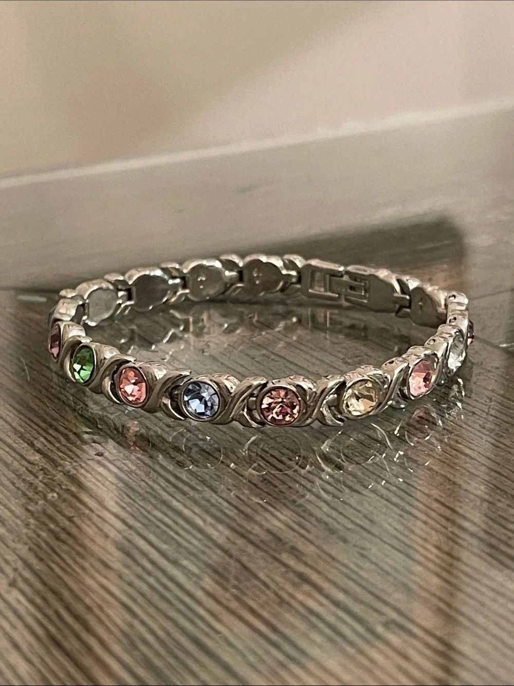 Silver-tone "X" & "O" Hugs & Kisses Link Tennis Bracelet Pastel Rhinestones